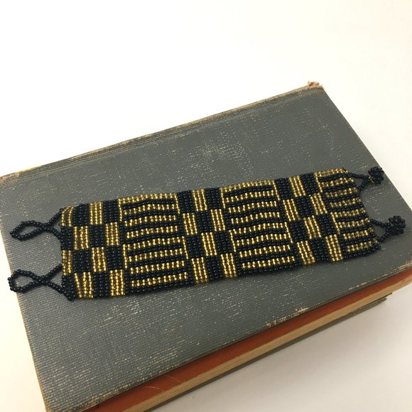 Art Deco Inspired Gold Black Wide Loom Woven Seed Bead Cuff Bracelet - Picture 12 of 16